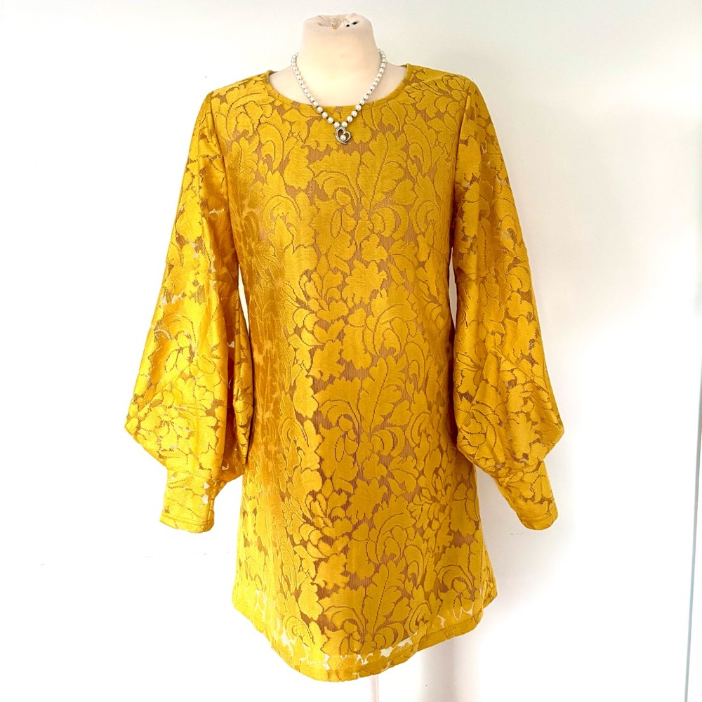 Molly Bracken Mustard Yellow Brocade Long Sleeve Dress